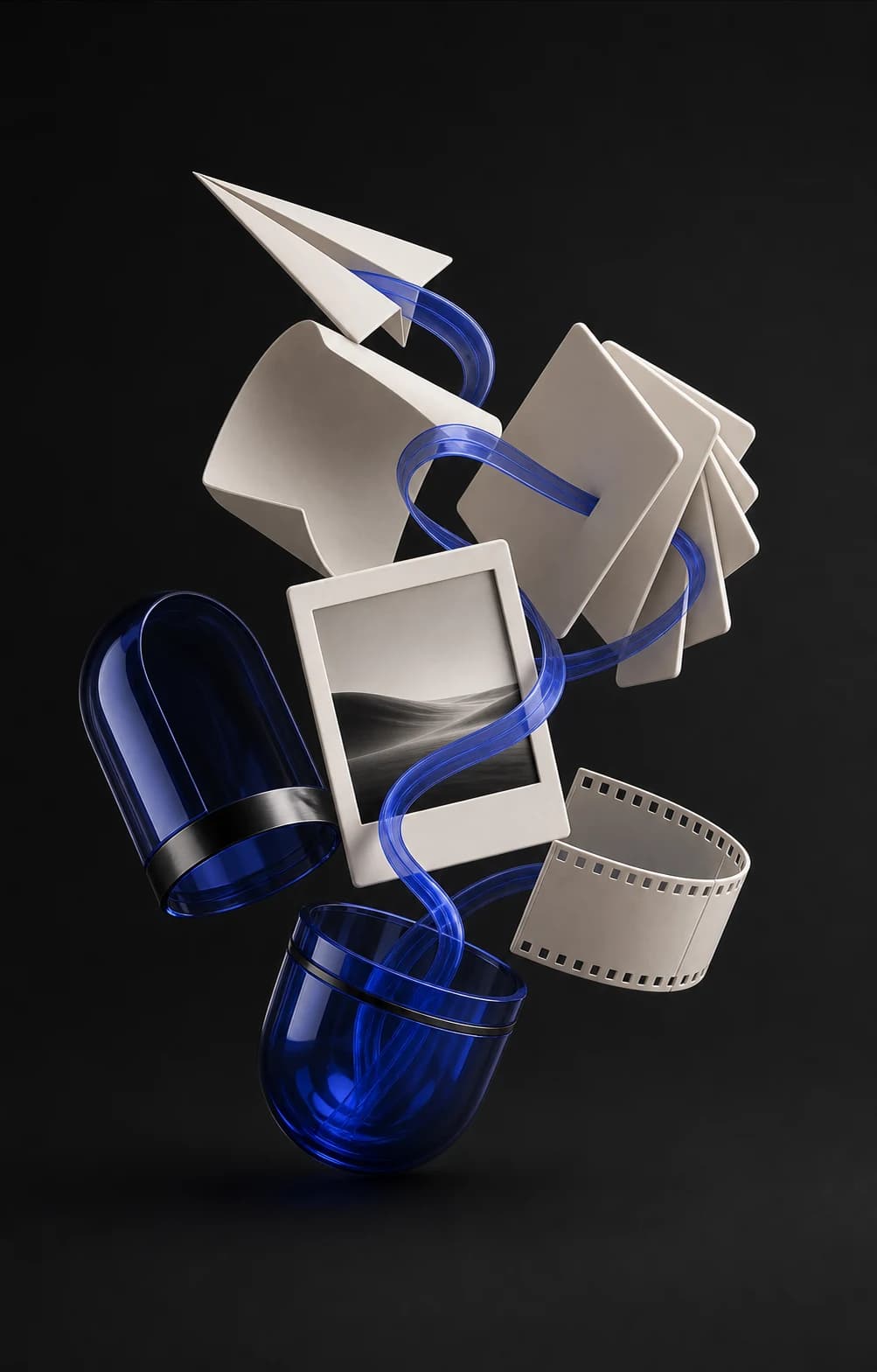 One cobalt context ribbon connecting copy, image, video, and carousel forms