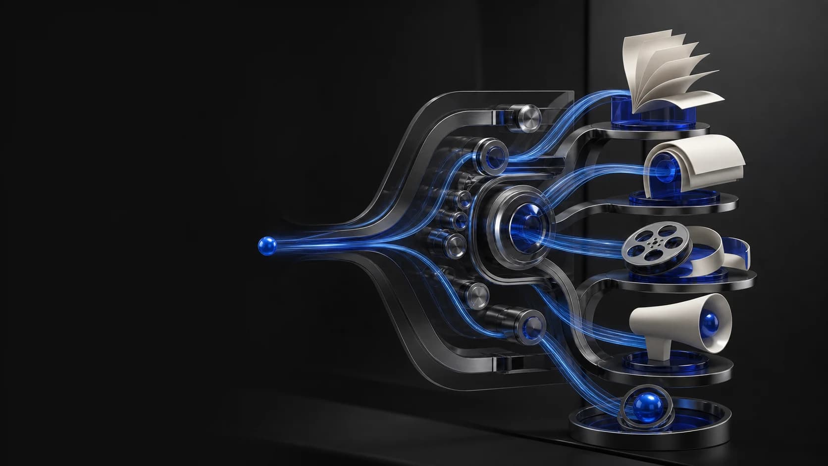 One cobalt goal flowing through a precise system into coordinated creative work